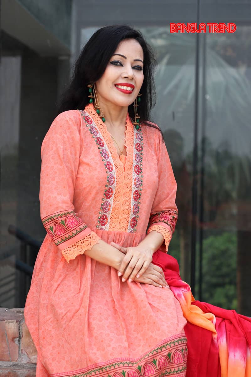 Mishti Orange Printed Linen Kurti