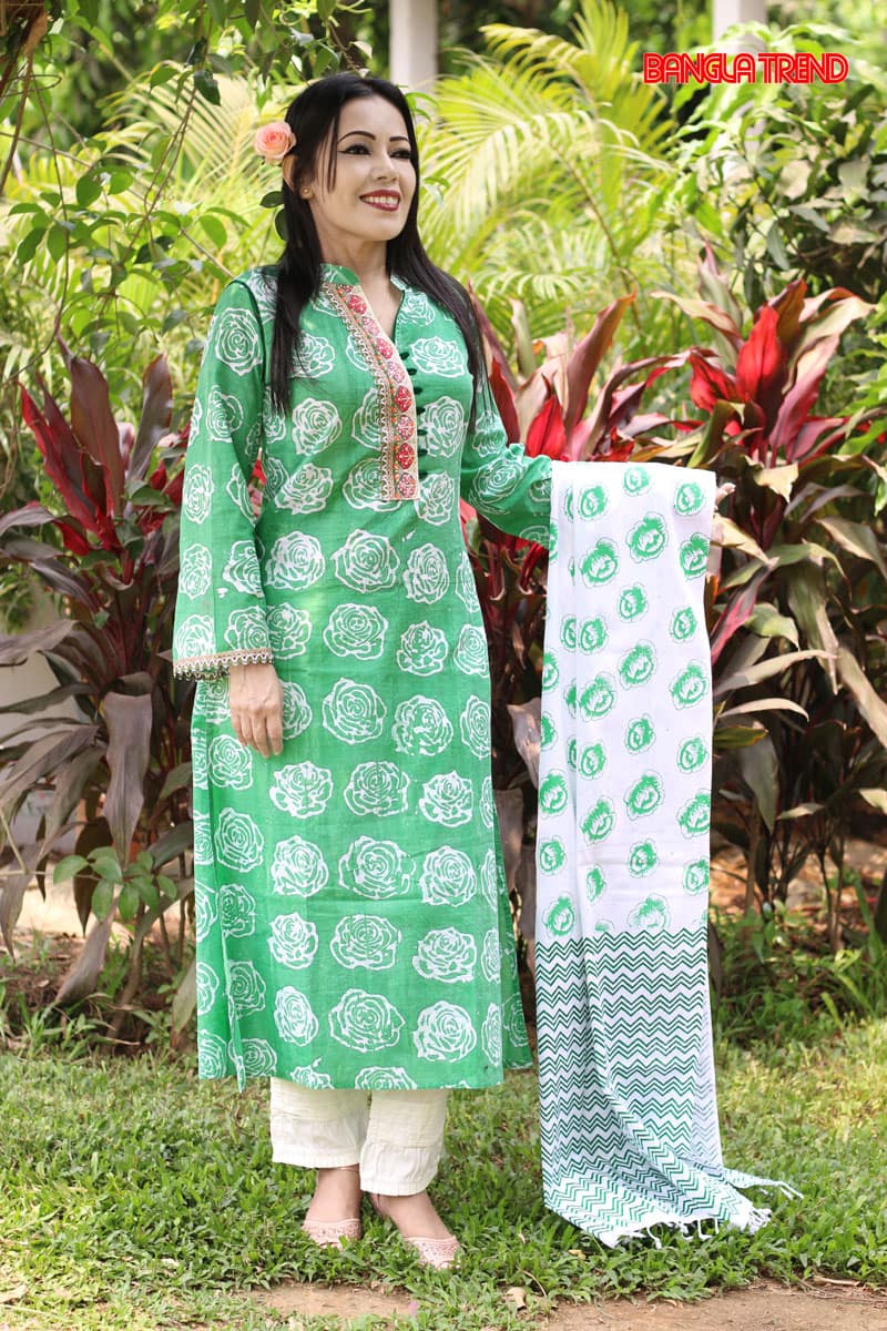 White Rose Wax Dyed Cotton Kameez