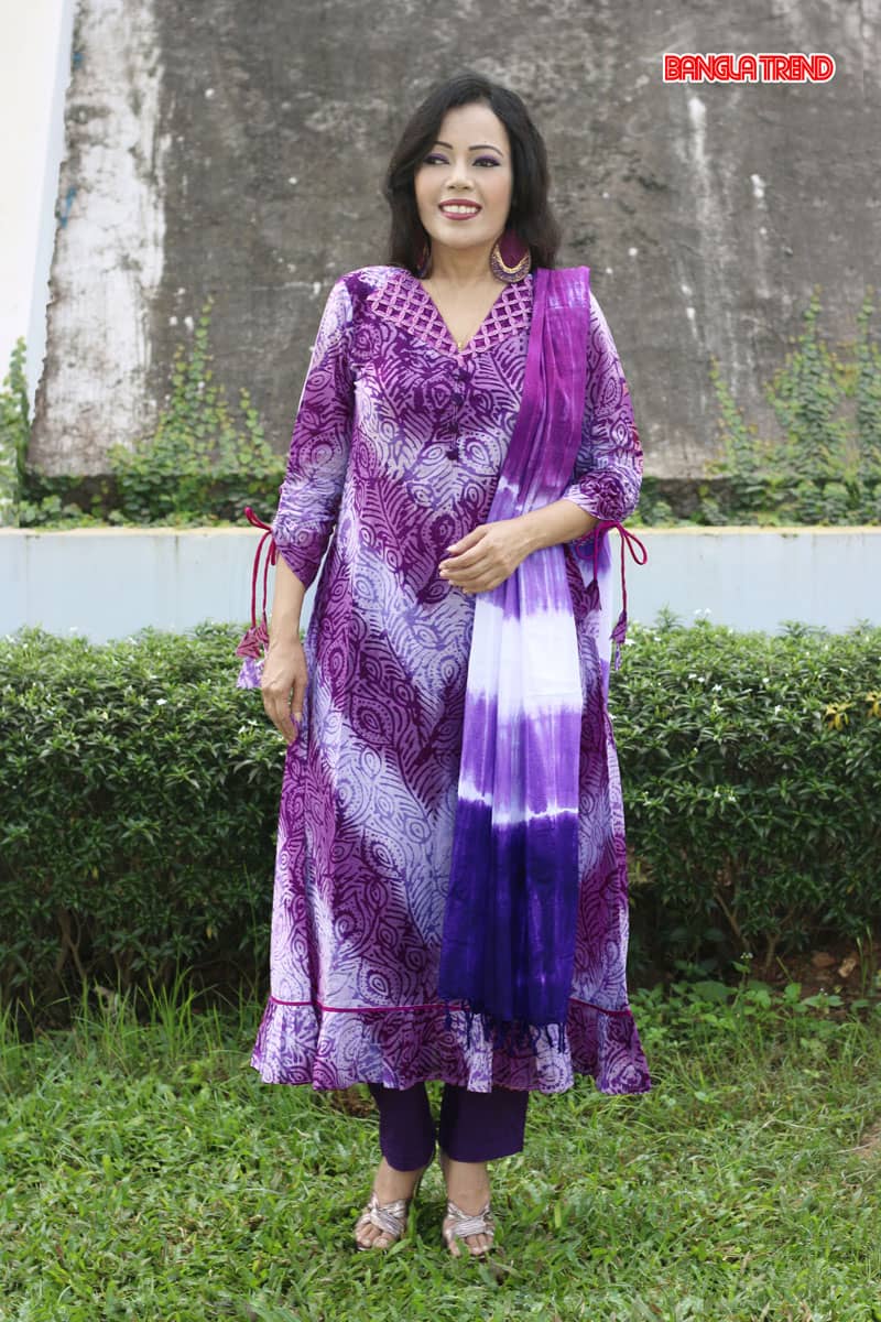 Wax Dyed Purple Floral Printed Cotton Kurti